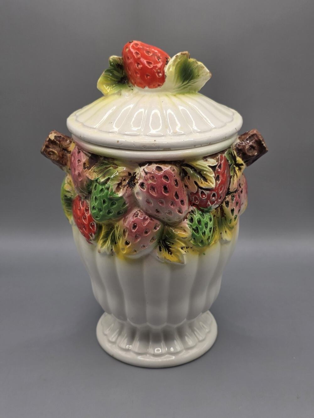 Vintage Arnart Strawberry Ceramic Cookie Jar Lidded Canister Relief Japan 1970s